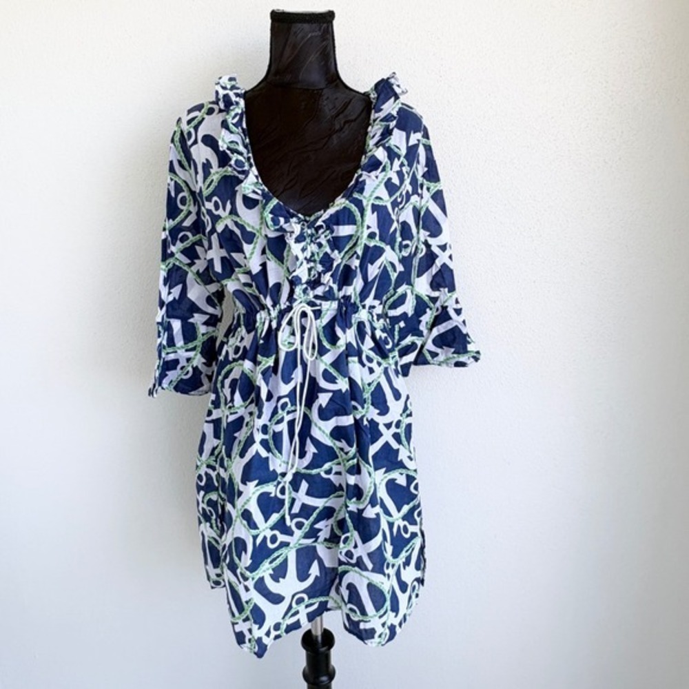 Mud Pie Cotton Tunic Anchor Print‎ Ruffle Neck, Women L Blue/White